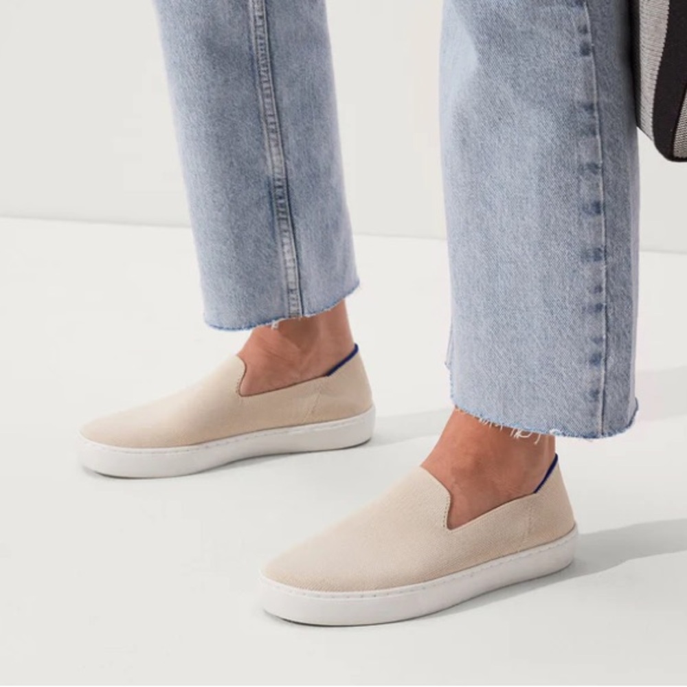 Rothy's Beige Slip-On Moccasins with Navy Collar Trim